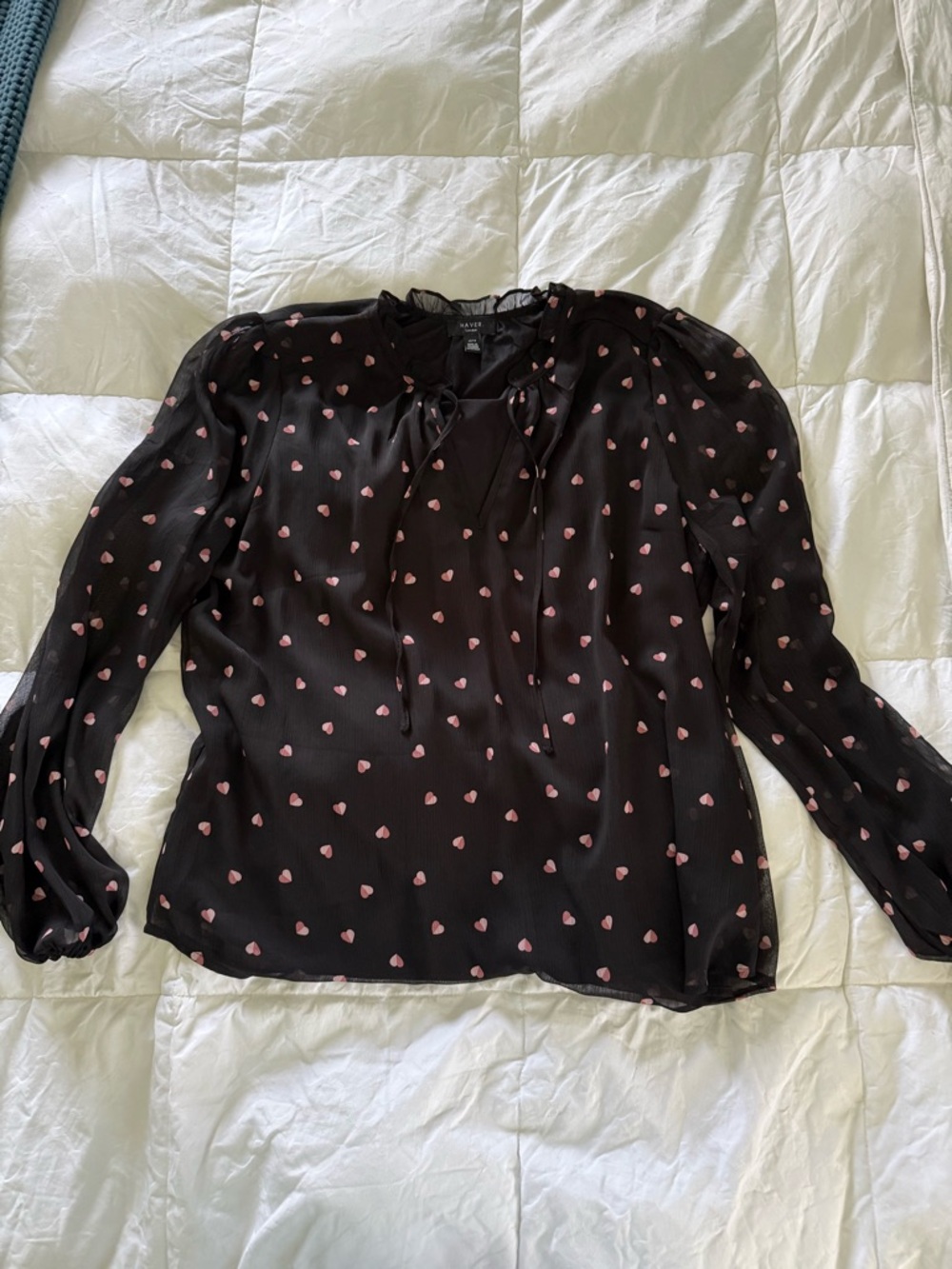 Haver Black Sheer Blouse with Pink Heart Print and Tie Neck